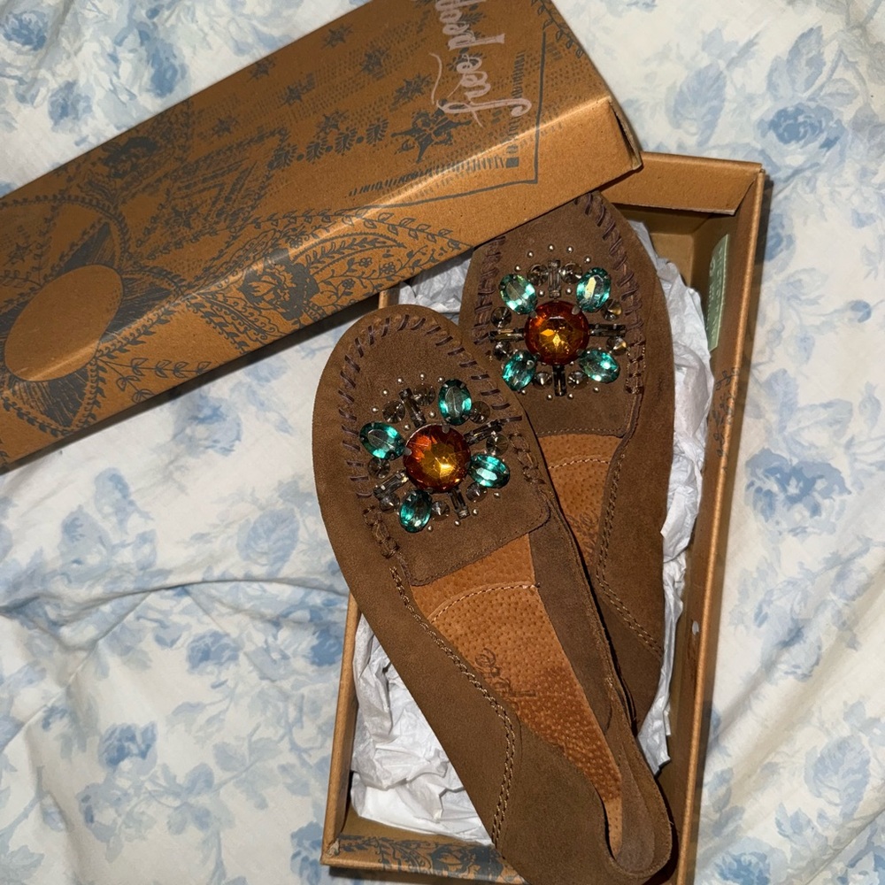 Free People Brown Loafers with Jewel Accents